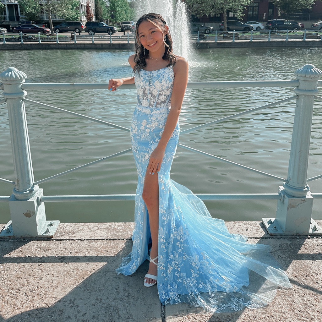 Ellie Wilde Light Blue/White Mermaid Style Prom Dress With Slit Style: Ew34068